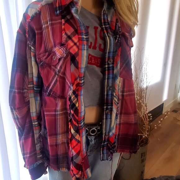 We The Free Patched Up Plaid Shirt Extra Small Berry Combo - Picture 6 of 8